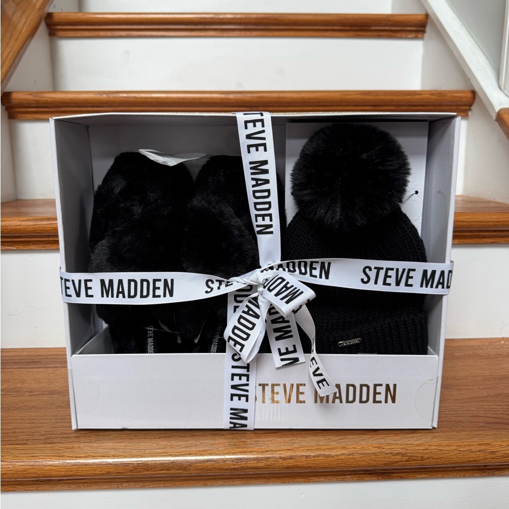 Steve Madden Black Faux Fur Slippers and Pom Beanie Set